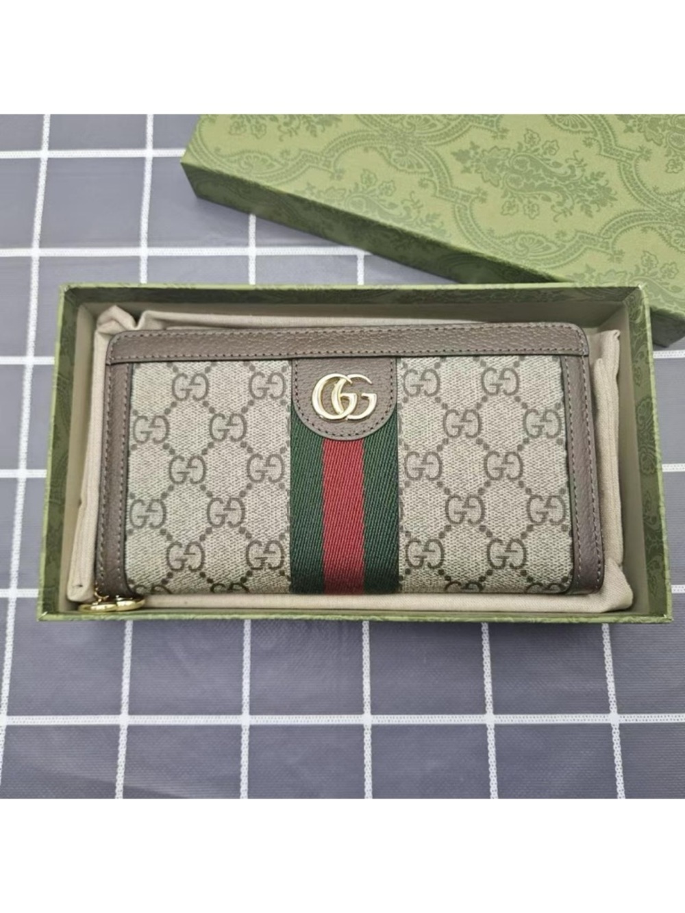 Gucci Beige GG Canvas Zip Wallet with Green and Red Web